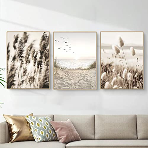 EXQUILEG 3er Poster Set Wandbilder Boho Beige Natur Pampasgras Modern Deko Wanddeko, Vintage Bilder für Wohnzimmer Schlafzimmer - Ohne Rahmen Beige (40 x 50 cm)