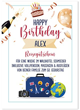 Herz & Heim® Personalisierte Mega-Reisegutschein-Karte zum Geburtstag XXL 50 x 70 cm zum selbst gestalten