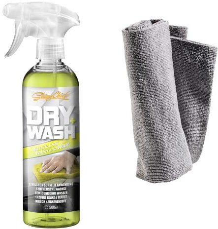 ShinyChiefs DRY WASH - WATERLESS WASH & WAX - 2in1 Auto Lackreiniger und Autowachs - Auto Reinigungsmittel & Sprühwachs, entfernt Verschmutzungen ohne Wasser, leichter Duft, 500ml & Microfasertuch
