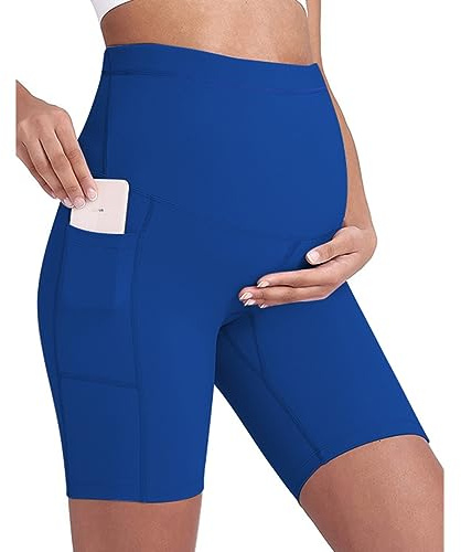 Buliezy Svarta moderskap yogashorts som klämmer på stötar, hög midja, sömlös, mjukt stöd,, Blå, XL