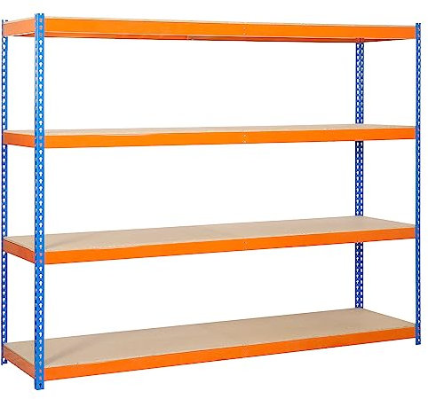 Cofan Étagère en acier à demi-charge | 4 étagères en bois | Couleur bleu et orange | Convient pour entrepôt, bureau, garage, garde-manger | Dimensions : 2000 x 2400 x 600 mm