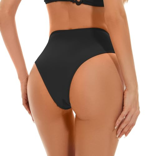Kepblom Women's High Waisted Bikini Bottom - High Cut Cheeky Rave Bottoms for Beach, Swimming Pool, Rave Festivals, Black, S