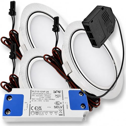 Rolux 3er Set LED Möbeleinbauleuchte Emma 12V 3W Warmweiß 3000K | Ultra flach Ø65mm Einbaustrahler | 180lm | inkl. LED Trafo & Mini-Verteiler | Für Möbel, Küche, Schrank | Einfache Montage, IP20