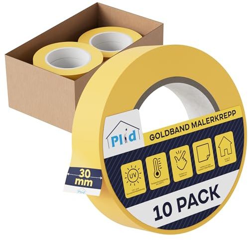 Plid Goldband Malerkrepp – 10 Rollen - 30 mm × 50 m – Malerklebeband | Kreppband | Abklebeband | Für Wand, Holz, Metall, Putz & Glas | Präzise Farbkanten | Innen & Außen