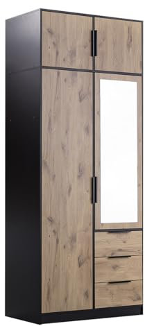 Mirjan24 Drehtürenschrank Lepalta 2D, Kleiderschrank mit 3 Schubladen, Kleiderstange und Spiegel, Elegantes Schlafzimmer Schrank, Jugendzimmer (Schwarz/Eiche Viking, mit Schrankaufsatz)