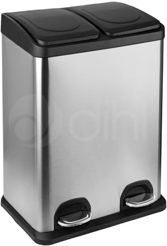 Dihl 40L Stainless Steel Pedal Bin, Silver | Dual 20L Removable Buckets, Soft-Close Lids, Double Twin Recycle Bin, 40 Litre Capacity