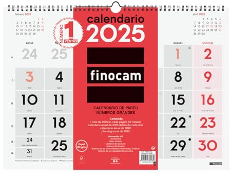 Finocam Neutraler Wandkalender, große Zahlen 2025, Monatsansicht, Januar 2025 – Dezember 2025 (12 Monate), Spanisch