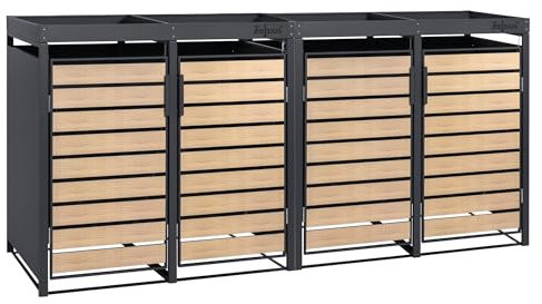 Zelsius Mülltonnenbox 4er mit Pflanzdach für 4 Tonnen | 120-240 Liter | Anthrazit RAL 7016 | Tür in Holzoptik inkl. Erweiterungsmöglichkeit | Müllbox, Aufbewahrungsbox für Mülltonnen