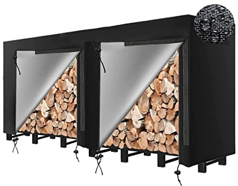 Sqodok Firewood Rack Cover 420D Waterproof Log Rack Cover 8FT Indoor Outdoor Wood Cover All Weather Protection Firewood Holder Cover Metal Lumber Carrier, Black