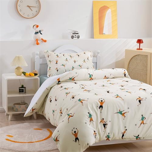 Odot 3 Pezzi Bambini Completo Letto Singolo, Microfibra Set Copripiumino con Chiusura a Zip e 2 Federe 50 * 75cm per i Dormitori Scolastici (180 * 210cm,Calcio)