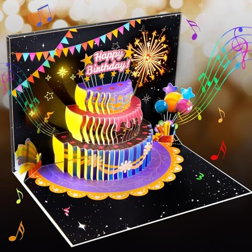 Musikalische 3D Geburtstagskarte mit LED-Lichtern und Geburtstagskuchen Pop-Up –Geburtstag Karte mit Feuerwerk und Ballons – Geburtstagsgeschenk für Kinder Erwachsene Freunde und Familie