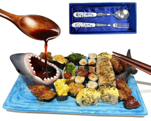 Shark Ceramic Sushi Plate Japanese Cute Blue Hand Painted Dinner Party Plates Food Safe Materials Soy Sauce Bowl and Chopstick Holder Large with Sushi Appetizer Birthday Plates Suitable (Shark Blue)