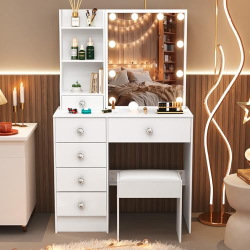 Aovquof Schminktisch mit LED-Beleuchtung, Frisiertisch mit Spiegel für Make-up, Kosmetiktisch mit Spiegel, 3 Farben mit Einstellbarer Helligkeit, Weiß (M39)