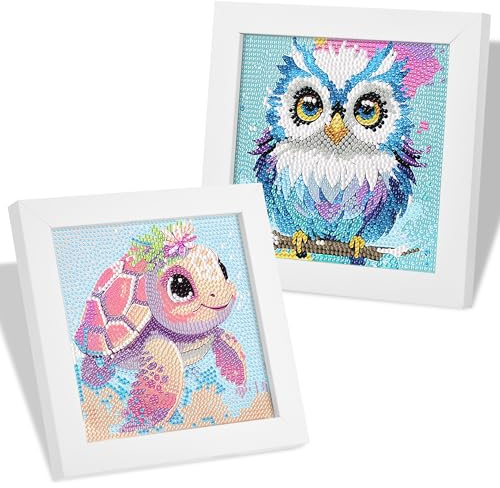 MICHIHOMIE 2er Set Diamond Painting Kinder mit Rahmen, 5D DIY Diamant Painting Bilder Kinder ab 4 5 6 8 10 Jahre Eulen und Seeschildkröten, Mosaikherstellung Arts Craft für Home Wand Decor 18×18 cm