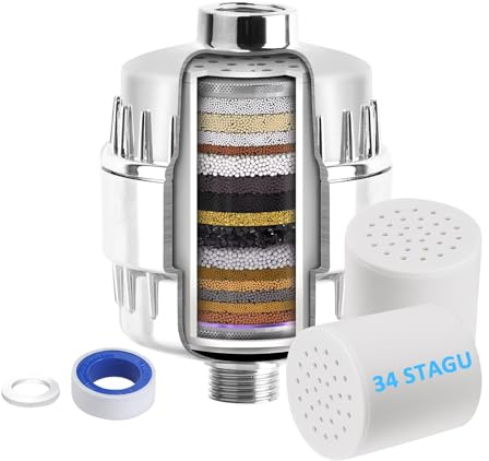 BAISHUN 34 Stufen Duschfilter Für Hartes Wasser, Wasserfilter Dusche mit 2 Austauschbaren Kartuschen, Mehrstufen-Filterpatrone zur Entfernung von Chlor, Schwermetalle und Andere Ablagerungen