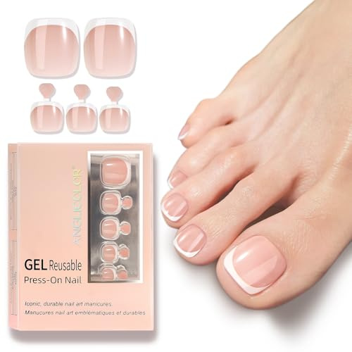 Anglicolor uñas postizas pies,uñas cuadradas francesas blancas para pegar en uñas de mujer,16 tamaños 32 piezas de uñas postizas,cinta adhesiva para uñas (Blanco francés, 32 piezas)