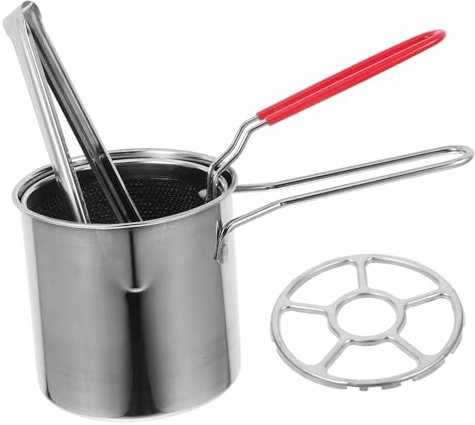 Lurrose 1 Set Edelstahl-fritteusentopf Mit Korb, Mini-fritteuse Aus Edelstahl Mit Zange, Herdring, Mini-fritteuse, Bratpfanne Für Die Küche Zu Hause