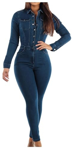 RLEHJN Denim Jumpsuit for Women Sexy Long Sleeve Bodycon Denim Overalls Skinny Full Length Long Jumpsuits One Piece Stretchy High Waist Slim Fit Button Up Jean Rompers with Pockets Clubwear