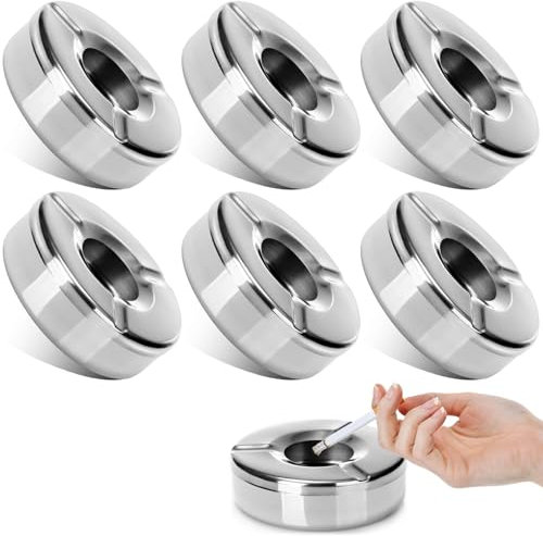 6 Stücke 10cm Aschenbecher Edelstahl Aschenbecher mit Deckel Moderne Tischplatte Windaschenbecher für Draußen Home Office Balkon Partys Outdoor (Silber)