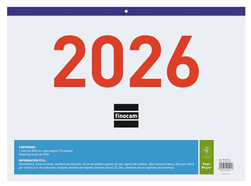 Finocam - Calendario de Pared Números Grandes 2026 Mes Vista Enero - Diciembre (12 meses) | Calendario 2026 | Planificador mensual | Faldilla 2026 Mixta - Español
