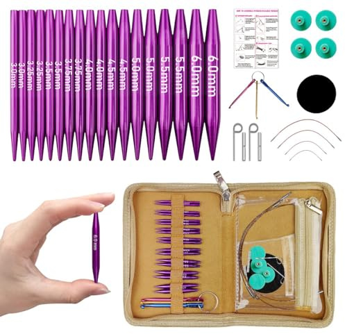 Knitiss Set di ferri da maglia circolari intercambiabili, 9 paia di ferri corti da 5,5 cm da 3,0 a 6,0 mm, aghi intercambiabili con 4 cavi, aghi corti per calze o maniche