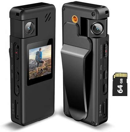 Hoestr A32 64GB Körperkamera, Portable Kamera mit 180° drehbarem Objektiv und Bewegungserkennung, 1080P Camcorder mit Audio und Video Aufnahme für Outdoor Sport Polizei Lieferung Radsport Helm