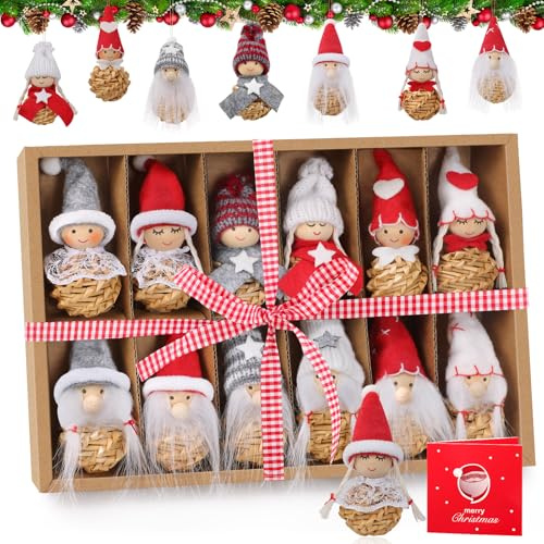 Hretvoi GNOME Decoration Noel Sapin, 12 Pièces Mini Lutin de Noel Deco Originales, Petit Personnage Lot Noel Nature 2025, Objets de Décorations de Noël Bois, Cadeaux de Noël pour Enfants et Adultes