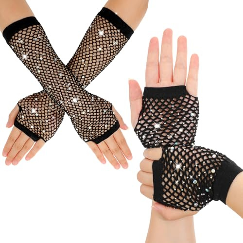 Lusofie 2 Pairs Fishnet Gloves Fingerless for Kids Women with Rhinestone Short & Long Fishnet Arm Sleeves for 80s 90s Halloween(Black)