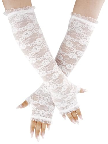 Spitzenhandschuhe für Damen, lange fingerlose UV-Schutz Damenhandschuhe, 1920er Jahre Verlobungskleid Elegant Tee Party Tanz Handschuhe für Halloween, Hochzeit, Abschlussball, Oper, Teepart (Weiß)
