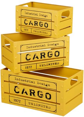 Baroni Home Set 3 Cassette Vintage Frutta e Verdura, Casse in Metallo Stile Industriale, Contenitori Multiuso Impilabili, Ceste Portaoggetti Rettangolari Giallo 37x21x18 cm