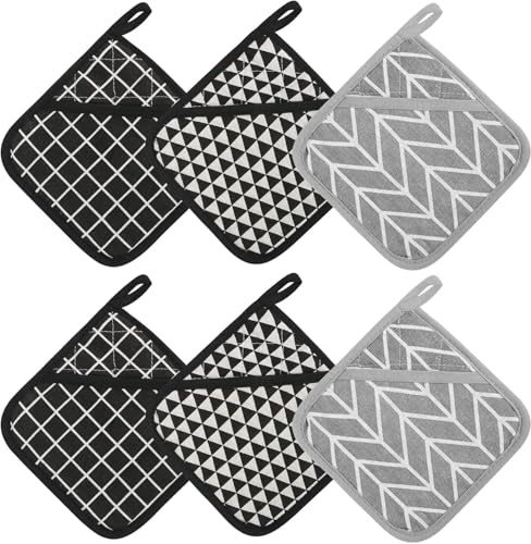 Kexayo 6 Stück Topflappen mit Tasche, Aus Baumwolle Hitzebeständige Topflappen Set Quadratischer für Küche Kochen Backen