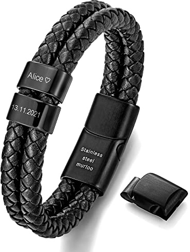 murtoo Armband Herren Leder, personalisierbar mit Gravur Name, geflochtenes Armband Schwarz mit Edelstahl Magnetverschluss