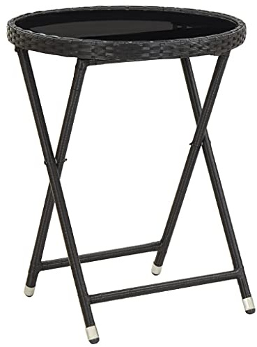 kithwjll Beistelltisch Schwarz 60 cm Poly Rattan und Hartglas wetterfest klappbar Gartentisch klein Balkontisch Outdoor für Terrasse und Garten Loungetisch niedrig