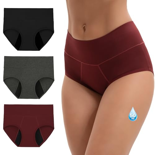 INNERSY periodiska underkläder stark blödning bambu menstrosor 3-pack | Menstruationstrosa med hög midja, menstruationsunderkläder, mikrofiber, tvättbara perioder underkläder