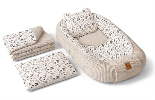 Babynest Nestchen Baby Set für Neugeborene – 5-teilig – Kuschelnest aus 100% Baumwolle & Waffelpique – Babykokon tragbar – für Babybett, Kinderbett & Kinderwagen – OEKO-TEX - Zweige und Sand