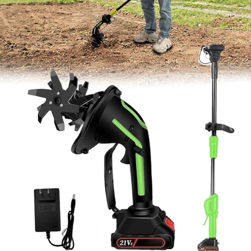 2-in-1 Cordless Tiller & Cultivator with Extension Pole, 2-in-1 Gartenfräse kabellos, Bodenhacke Elektrisch mit Akku und Ladegerät, Akku Fräse Garten/Motorhacke für Garten, Gemüsefeld (mit Stange)