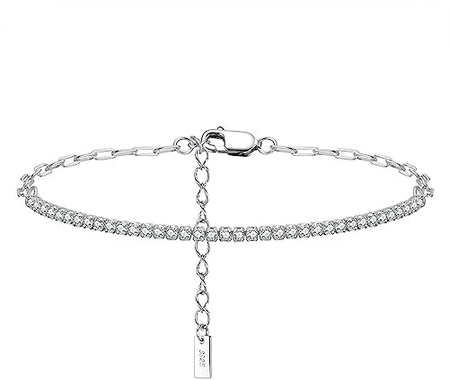 Skcess sterlingsilver 925 fotkedjor för kvinnor 21,5 cm, S925 sterlingsilver zirkonia kedja fotkedja dam nickelfria armband guld/silver för kvinnor, Sterlingsilver, Kubisk zirkon