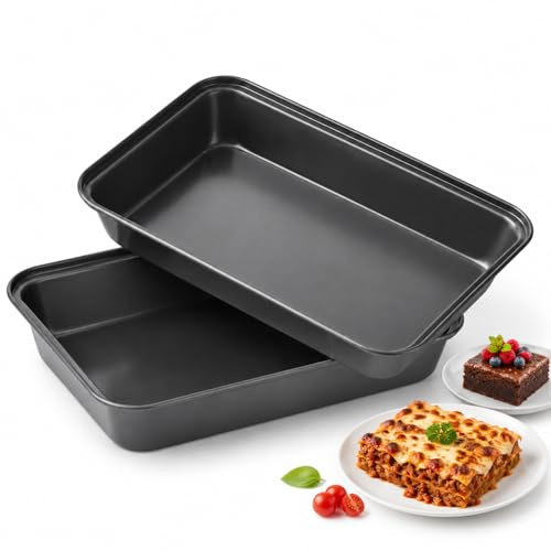2 Pack Deep Baking Trays 32 x 22 x 5 cm, Non Stick Rectangle Carbon Steel Baking Tins for Brownies, Cake, Swiss Roll, Lasagna and Roasting, Easy Clean Oven Trays