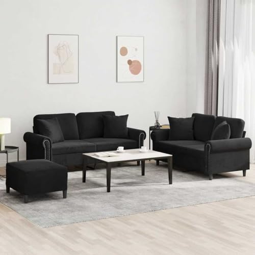 Augerqir 3 TLG. Sofagarnitur mit Kissen aus schwarzem Samt, Polstergarnitur mit Ottomane und Armlehne für Wohnzimmer, Gästezimmer, Jugendzimmer, Büro und Lounge, platzsparend und bequem