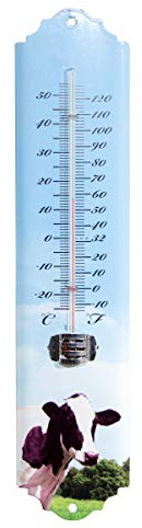 Antikas - Tierthermometer, aus Eisen, Hellblau Lackiert, Kuh Motiv
