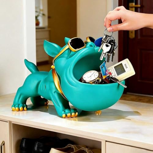 CUZOKOLA Große Größe Niedliche Französische Bulldogge Geschenke Statue Tier Blau Türkis Hund Süßigkeitenschale Moderne Süßigkeitenschalen für Büro Schreibtisch Große Mund Aufbewahrung Harz Figur für
