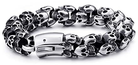 Daesar Herren Armband Edelstahl, Totenkopf Gliederarmband Breit 15MM Charm Armband Silber Schwarz 20.5CM Freundschaftsarmband für Männer Jugend
