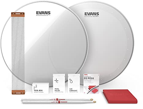 Evans Snare Drum Tune Up Kit - 14 Inch Snare Drum Heads - HD Dry and Clear Resonant Drumheads - EQ Pods - Snare Wires - Drumsticks - Maintenance Accessories