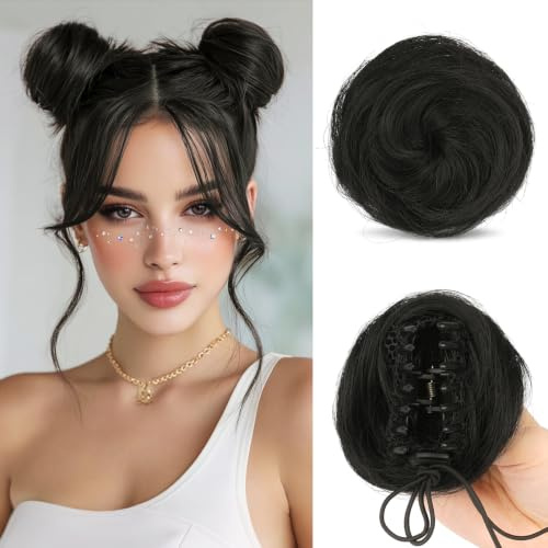 Sofeiyan Dutt Haarteil,Space Buns Haarteil,2PCS Haarteil mit Klammer | Clip in Haar Bun Mini Messy Bun Haarteile Dutt Synthetik Haar Donut Chignon für Damen,Natürlich Schwarz