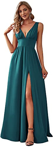 Ever-Pretty Vestidos de Cóctel Largo para Mujer sin Mangas Escote en V Elástico Abertura Corte Imperio A-línea Elegantes Verde Azulado 38