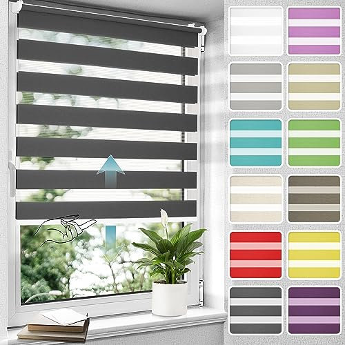 Allesin Doppelrollo schnurlos Klemmfix ohne Bohren Duo Rollos für Fenster, 60x120cm (BxH) Anthrazit, Drücken Und Ziehen Springrollos Klemmrollo Fensterrollo ohne Schnur lichtdurchlässig & Blickdicht