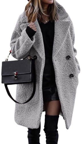 ORANDESIGNE Manteau d'hiver Femme Duveteux Polaire Revers Manches Longues Bouton Chaud Fausse Fourrure Vêtements D'extérieur Veste Sherpa Cardigan A Gris Clair XL