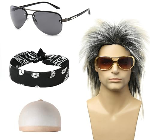 Hifot 4Pcs Grise Perruque Mulet avec Bandeau Noire Lunettes de Soleil, Déguisement Année 70 80 90, Deguisement Disco Homme Femme Perruque Punk pour Halloween Fête Carnaval Cosplay Maquillage