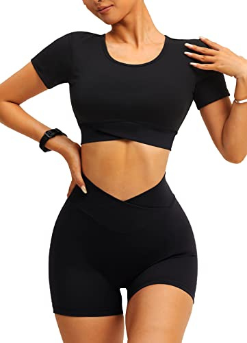 Navneet Damen Gym Set - Schwarz S Sommer Zweiteiler Fitness Outfit Set mit Scrunch Shorts und Sport Oberteile für Yoga und Workout