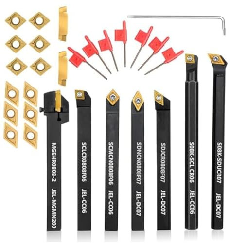 HiCOZZIE Utensili rotanti, 5/16, gambo 8 mm, 7 pezzi per tornitura, filettatura, con 14 pezzi in metallo duro